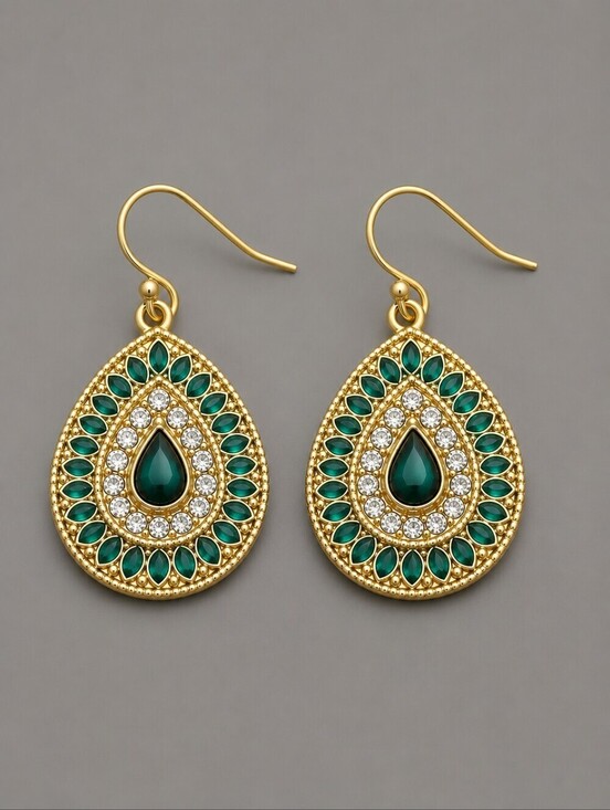 Private Label Jewelry - 3/$30 Emerald Rhinestone Byzatine Teardrop Dangle Hook Earrings